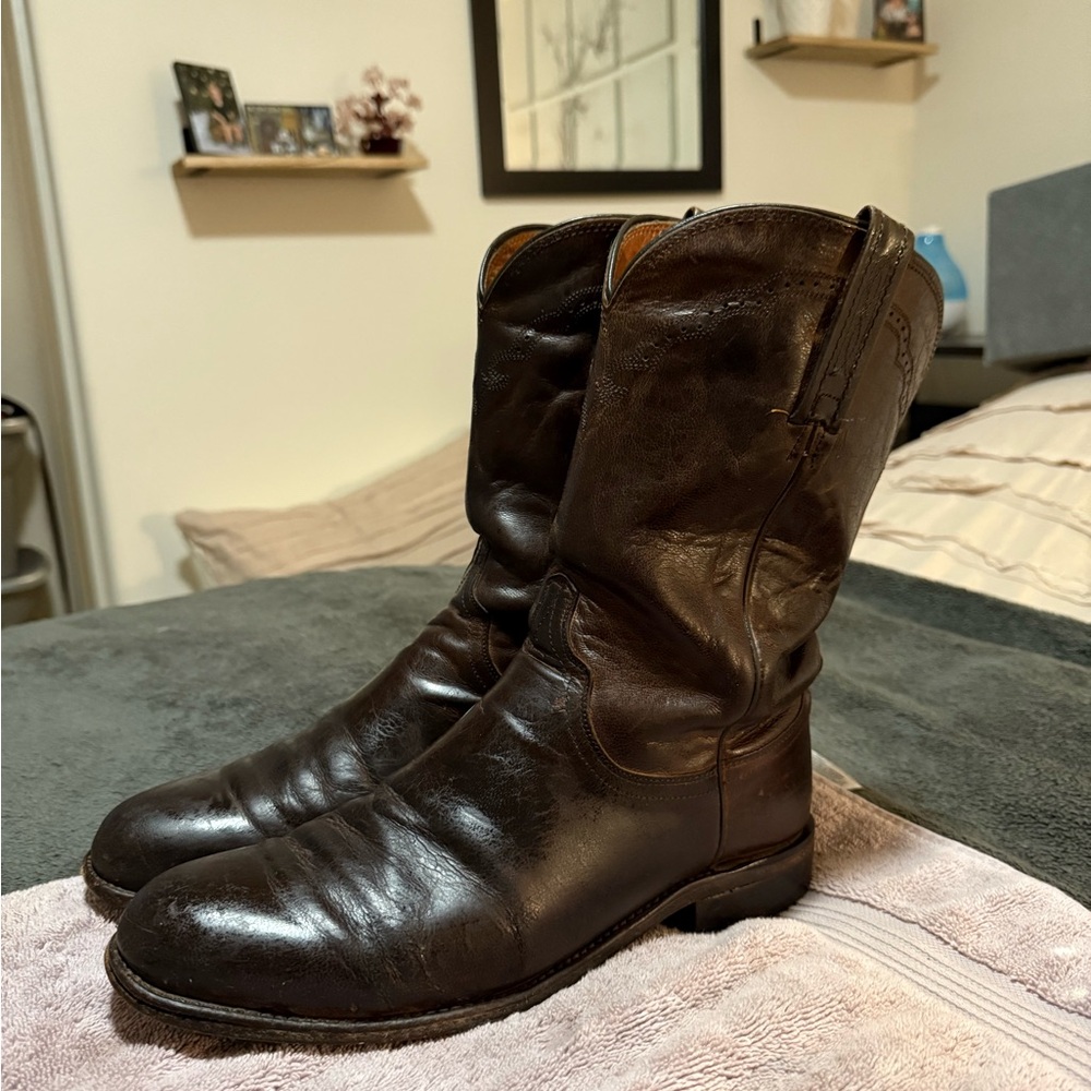 Bottines Cowboy Lucchese Homme - Cuir Autruche Marron - Vintage - Taille 11,5 US - Occasion